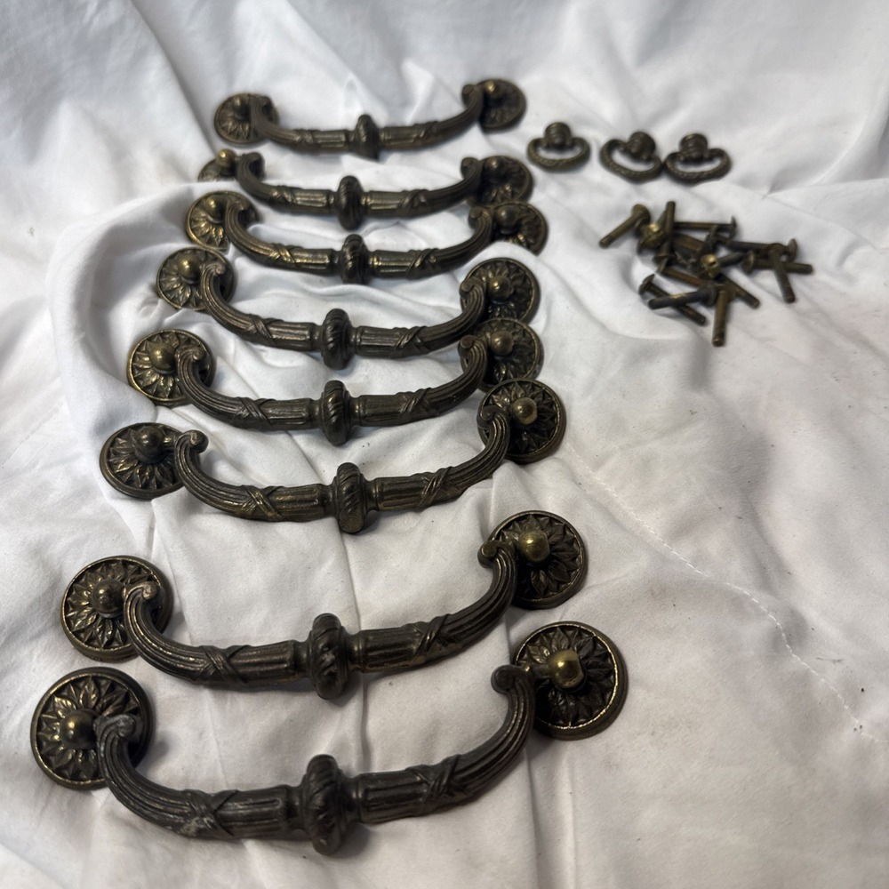 Lot vintage Drop bail dresser pulls Antique Brass Bronze Ornate 8 Handles 3 ring
